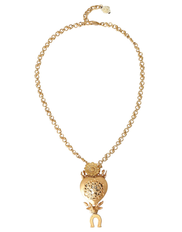 Gold Brass Chain Sacred Heart Crystal Charm Necklace Dolce & Gabbana