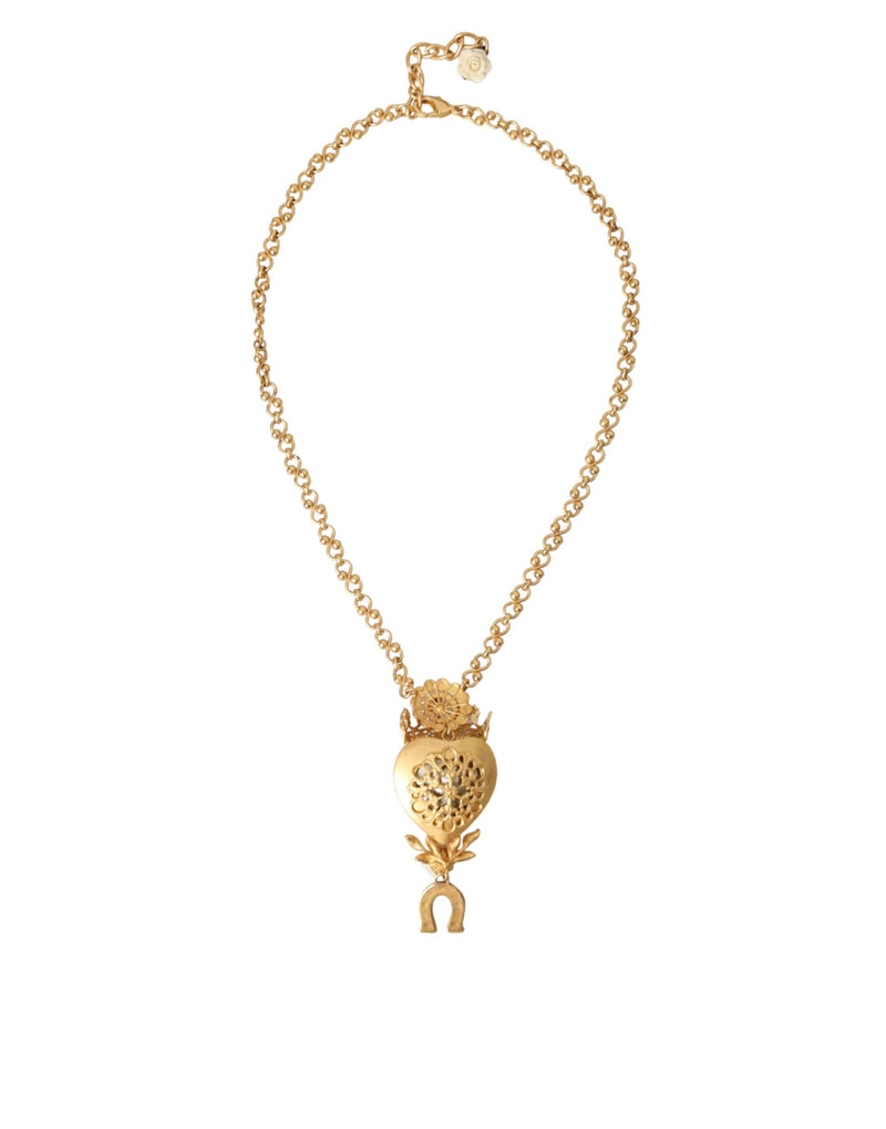 Gold Brass Chain Sacred Heart Crystal Charm Necklace Dolce & Gabbana