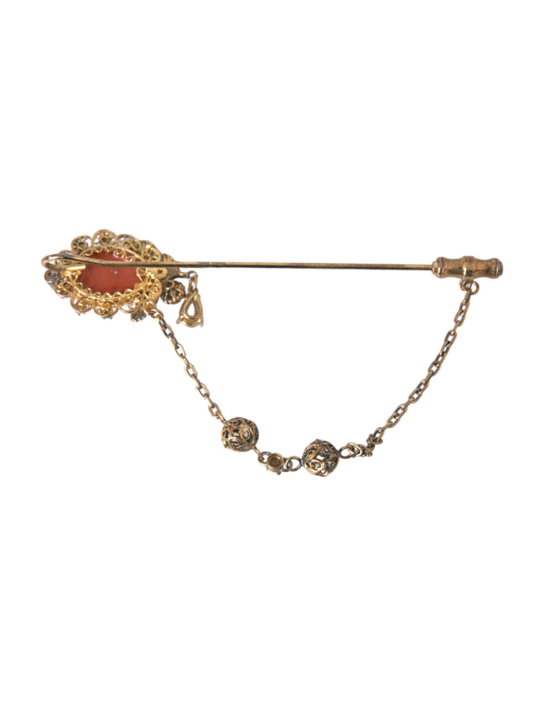 Gold Brass Crystal Chain 925 Sterling Silver Pin Brooch Dolce & Gabbana