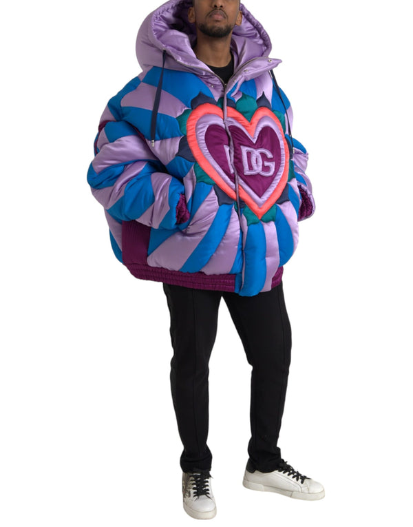 Multicolor Heart Logo Hooded Puffer Jacket Dolce & Gabbana