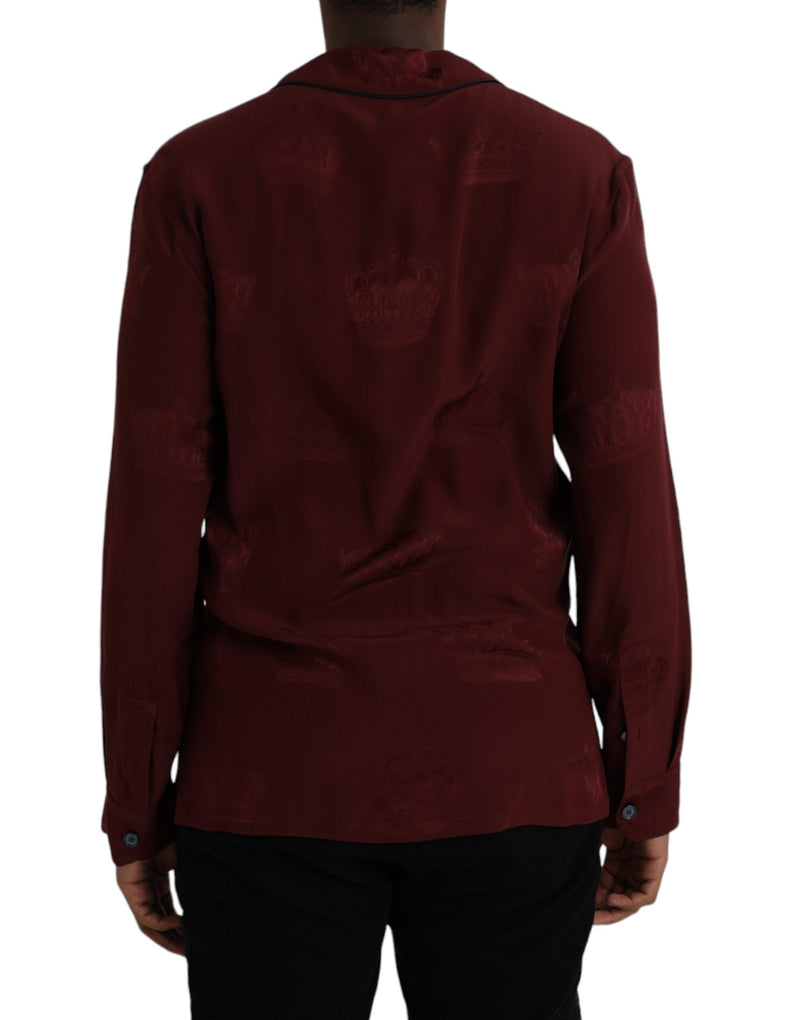 Maroon Crown Jacquard Silk Long Sleeve Shirt Dolce & Gabbana