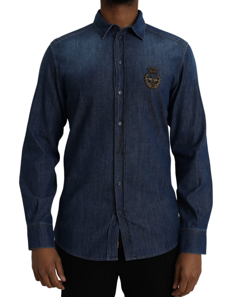 Blue Crown Bee Cotton Denim GOLD Shirt Dolce & Gabbana