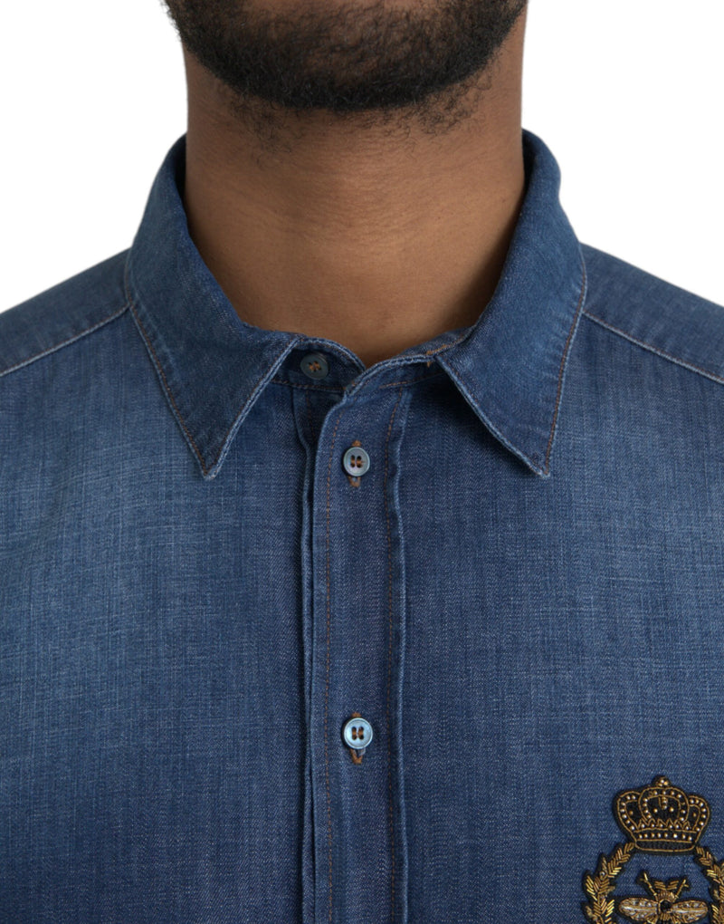 Blue Crown Bee Cotton Denim GOLD Shirt Dolce & Gabbana