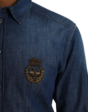 Blue Crown Bee Cotton Denim GOLD Shirt Dolce & Gabbana