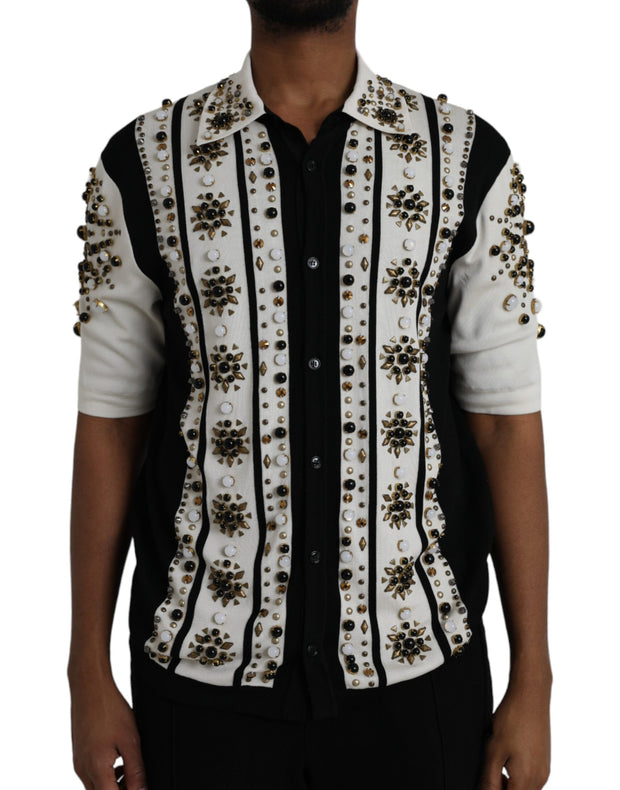 White Black Silk Studded Stone Crystal Shirt Dolce & Gabbana