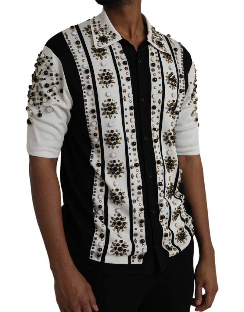 White Black Silk Studded Stone Crystal Shirt Dolce & Gabbana