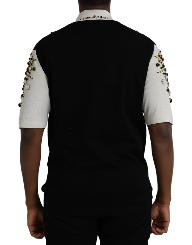 White Black Silk Studded Stone Crystal Shirt Dolce & Gabbana