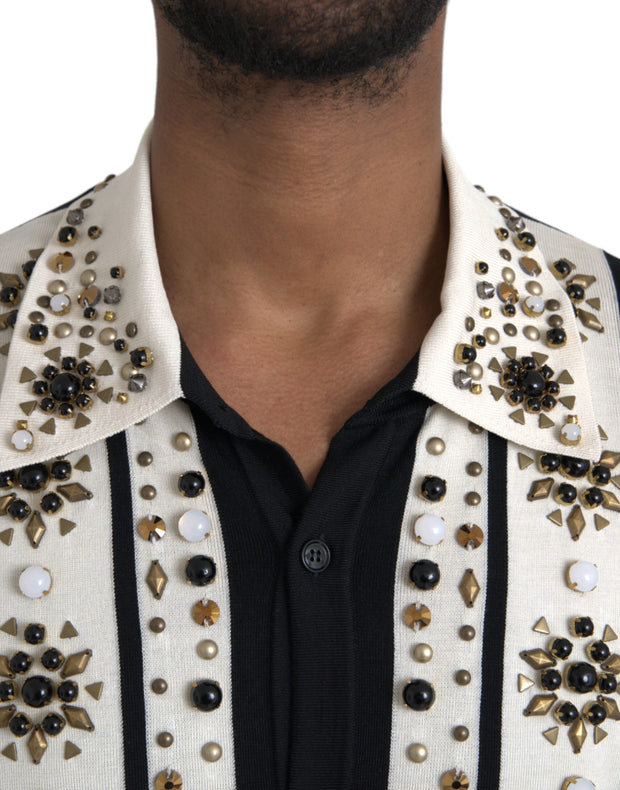 White Black Silk Studded Stone Crystal Shirt Dolce & Gabbana