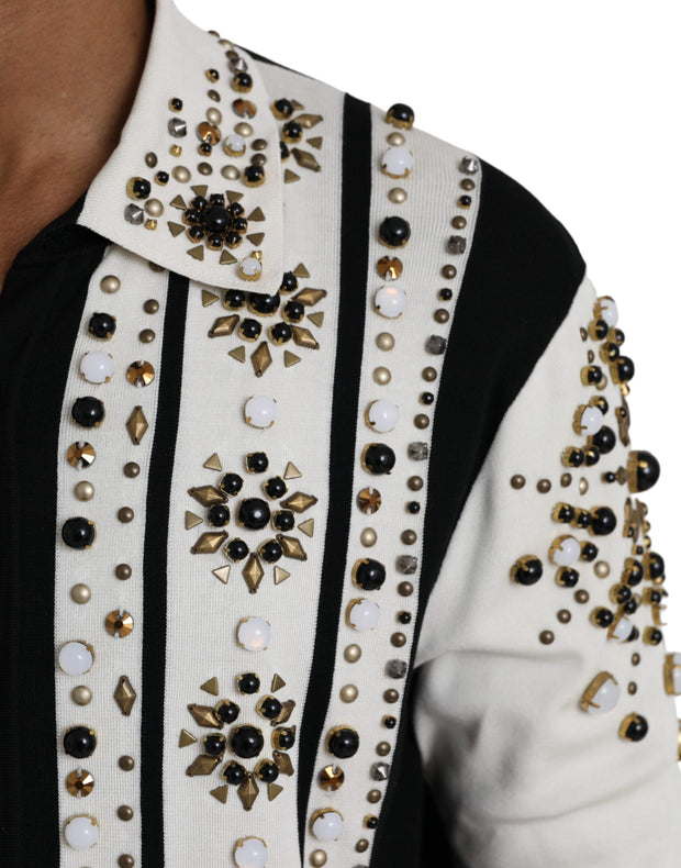 White Black Silk Studded Stone Crystal Shirt Dolce & Gabbana