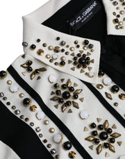 White Black Silk Studded Stone Crystal Shirt Dolce & Gabbana