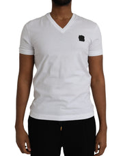 White Cotton Logo Plaque V-neck Men T-shirt Dolce & Gabbana