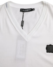 White Cotton Logo Plaque V-neck Men T-shirt Dolce & Gabbana