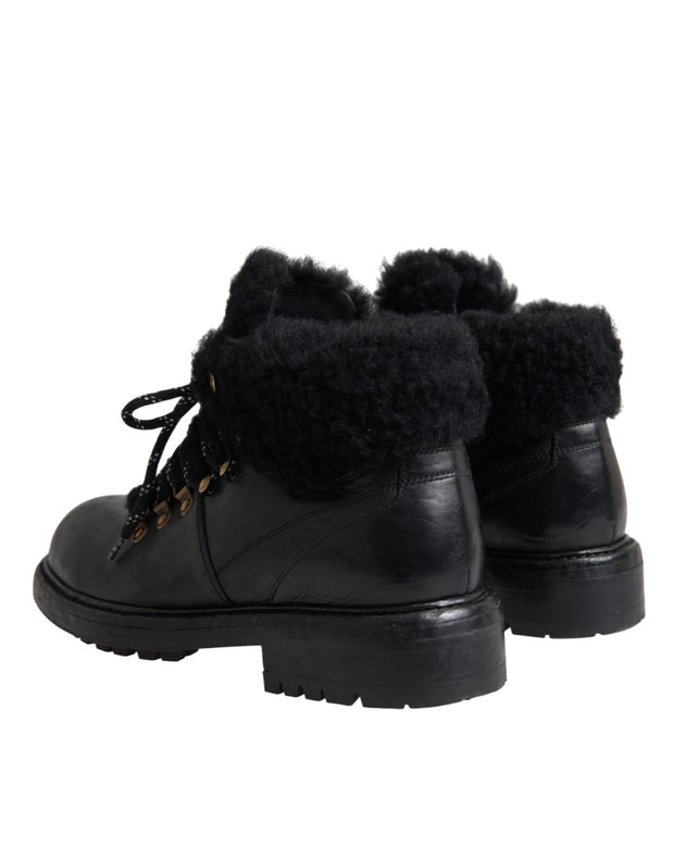 Black Leather Bernini Shearling Boots Shoes Dolce & Gabbana