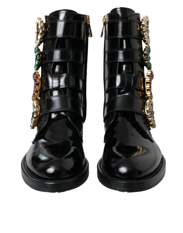 Black Leather Crystal Buckles Boots Shoes Dolce & Gabbana