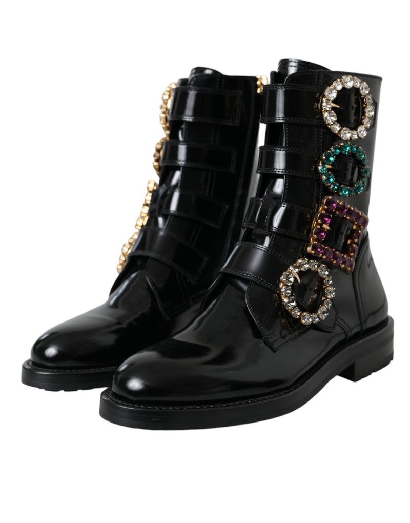 Black Leather Crystal Buckles Boots Shoes Dolce & Gabbana