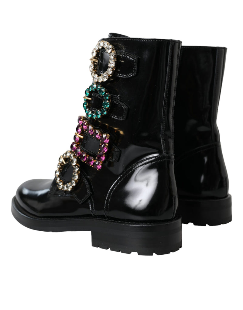 Black Leather Crystal Buckles Boots Shoes Dolce & Gabbana