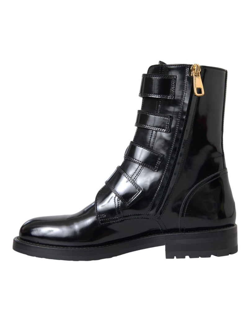 Black Leather Crystal Buckles Boots Shoes Dolce & Gabbana