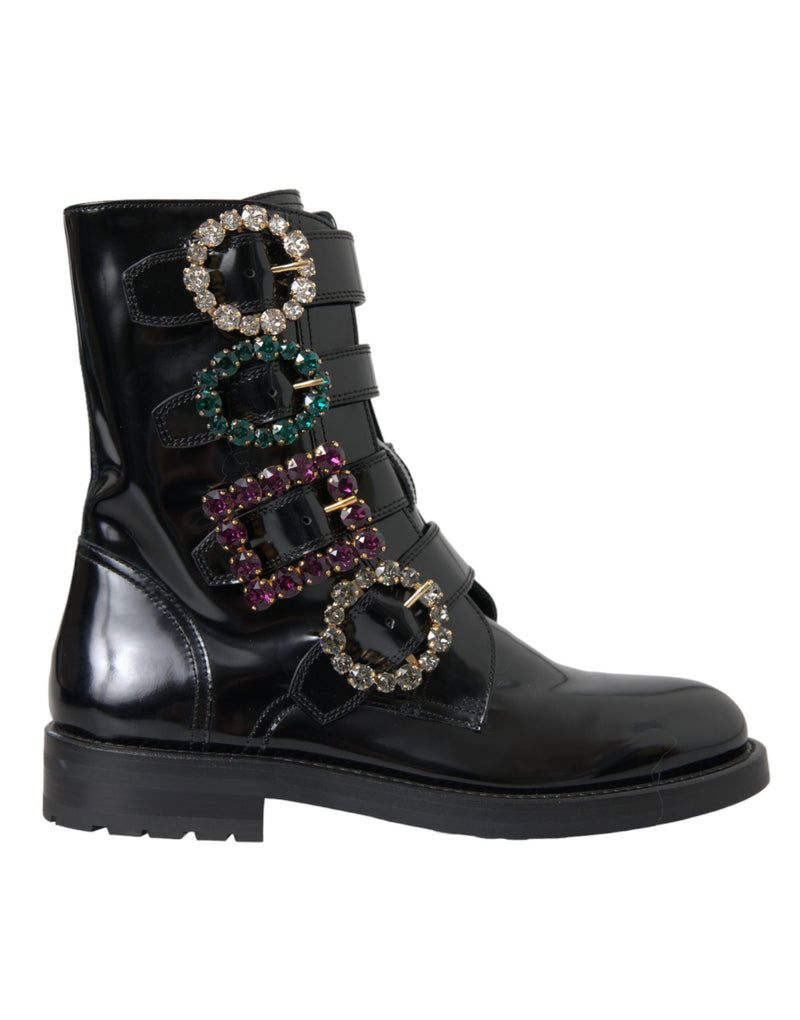 Black Leather Crystal Buckles Boots Shoes Dolce & Gabbana