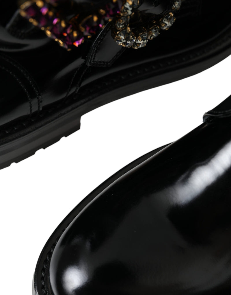 Black Leather Crystal Buckles Boots Shoes Dolce & Gabbana