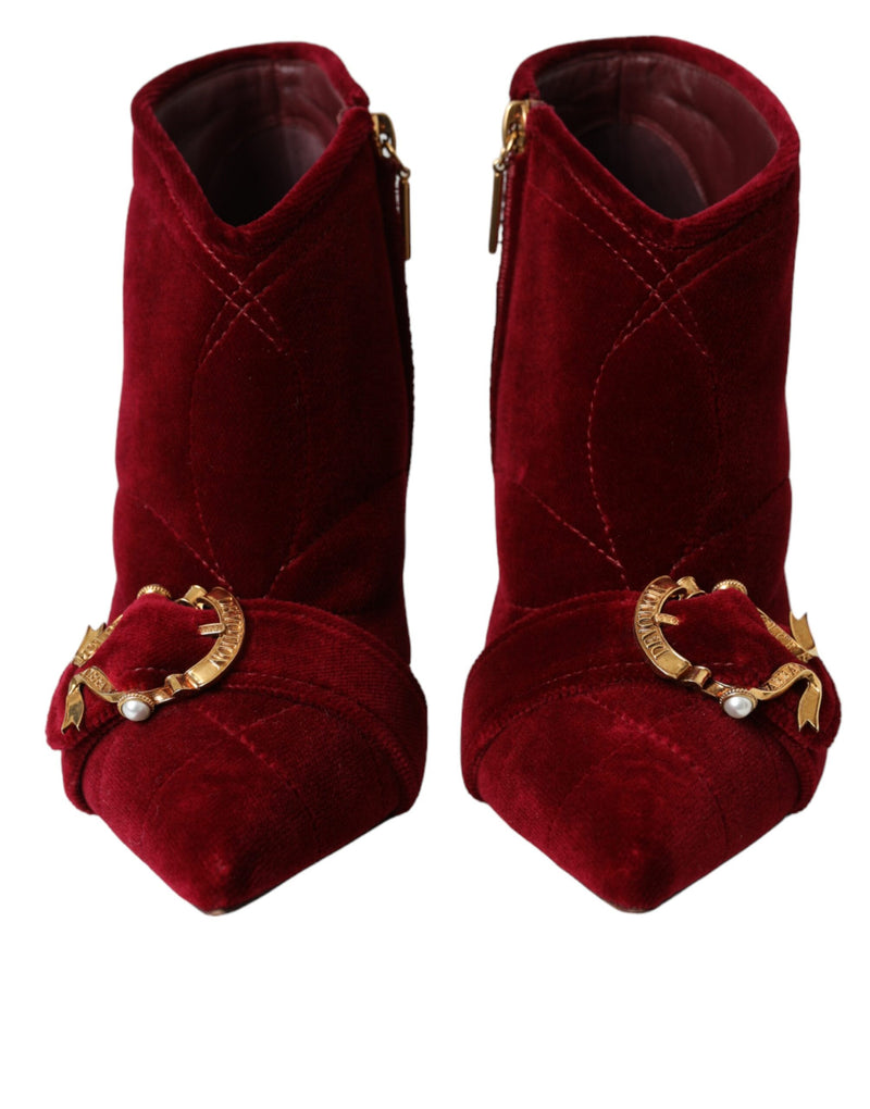 Dark Red Velvet Devotion Buckle Boots Shoes Dolce & Gabbana