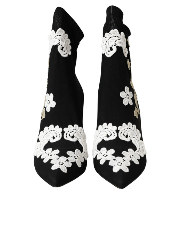 Black White Embroidery Slip On Boots Shoes Dolce & Gabbana