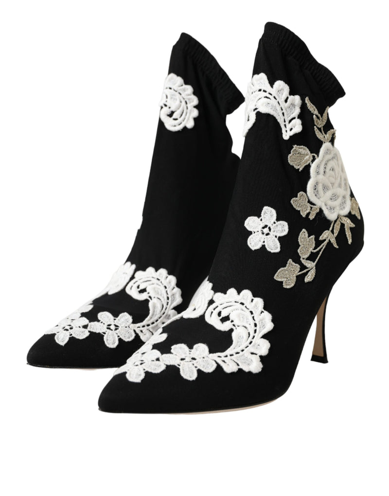 Black White Embroidery Slip On Boots Shoes Dolce & Gabbana