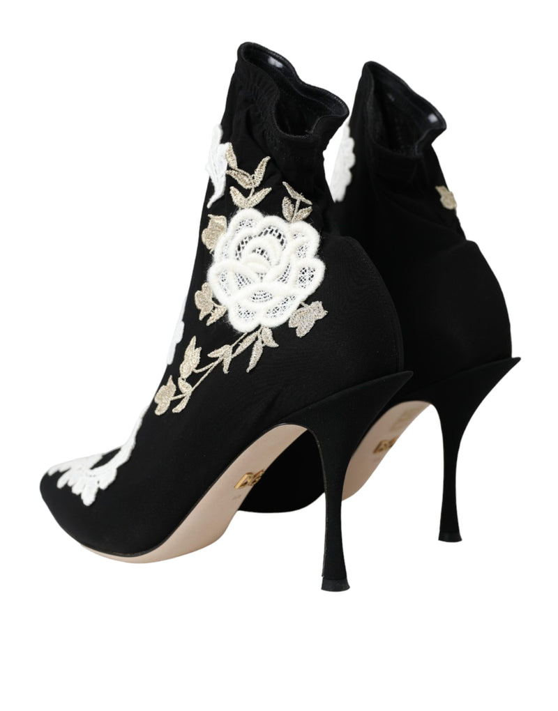 Black White Embroidery Slip On Boots Shoes Dolce & Gabbana