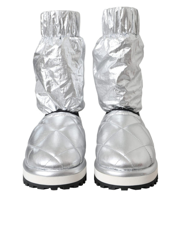 Metallic Silver Quilted Logo Patch Boot Shoes Dolce & Gabbana