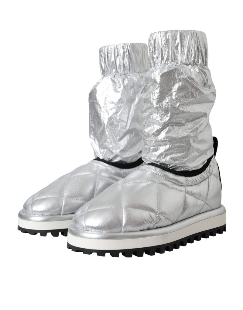 Metallic Silver Quilted Logo Patch Boot Shoes Dolce & Gabbana