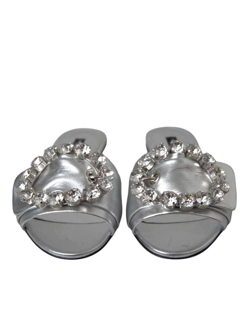 Silver Crystal Leather Flats Sandals Shoes Dolce & Gabbana