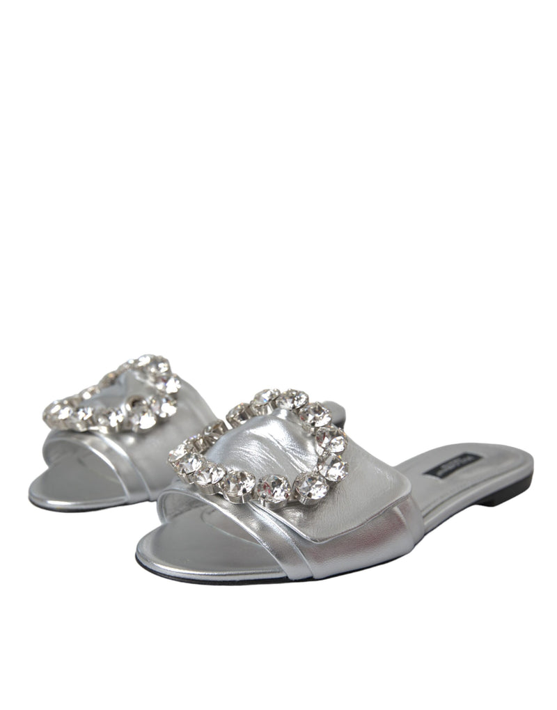 Silver Crystal Leather Flats Sandals Shoes Dolce & Gabbana