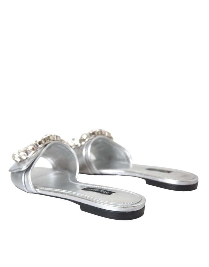 Silver Crystal Leather Flats Sandals Shoes Dolce & Gabbana