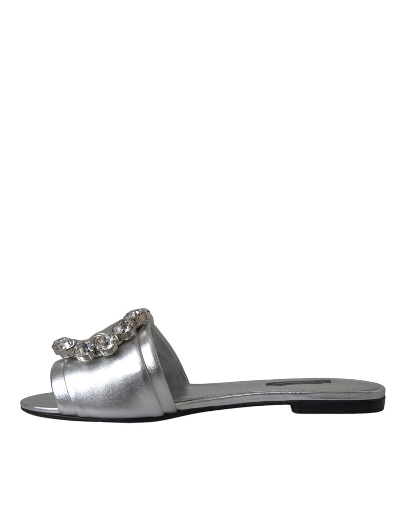 Silver Crystal Leather Flats Sandals Shoes Dolce & Gabbana