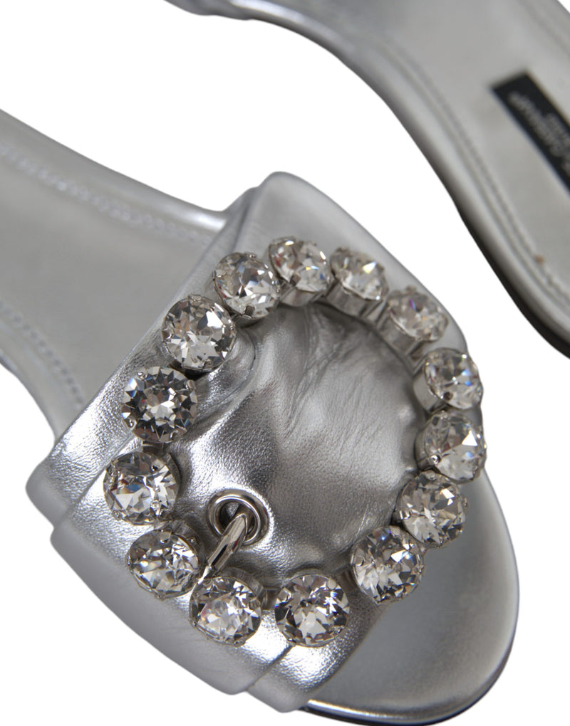 Silver Crystal Leather Flats Sandals Shoes Dolce & Gabbana