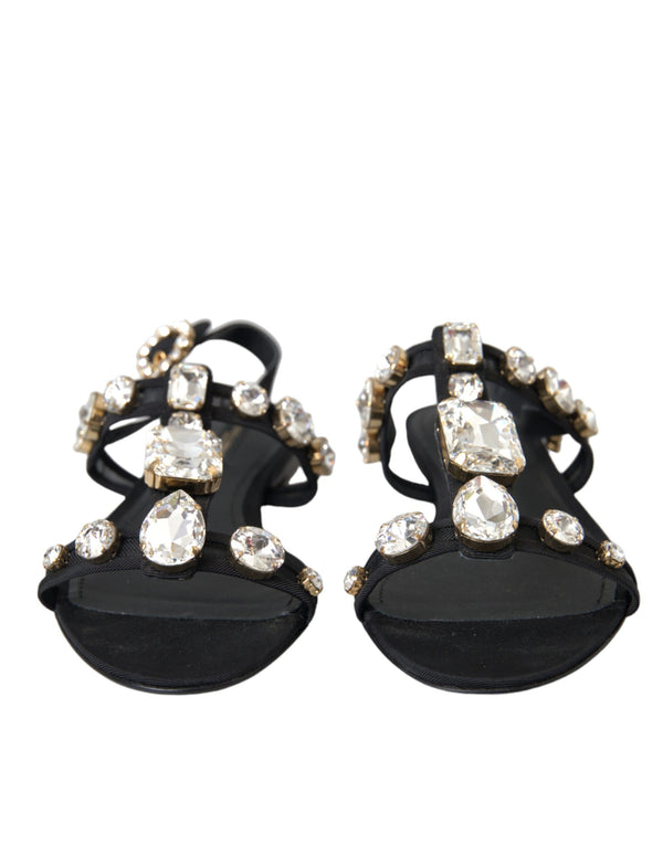 Black Leather Crystal Flats Sandals Shoes Dolce & Gabbana