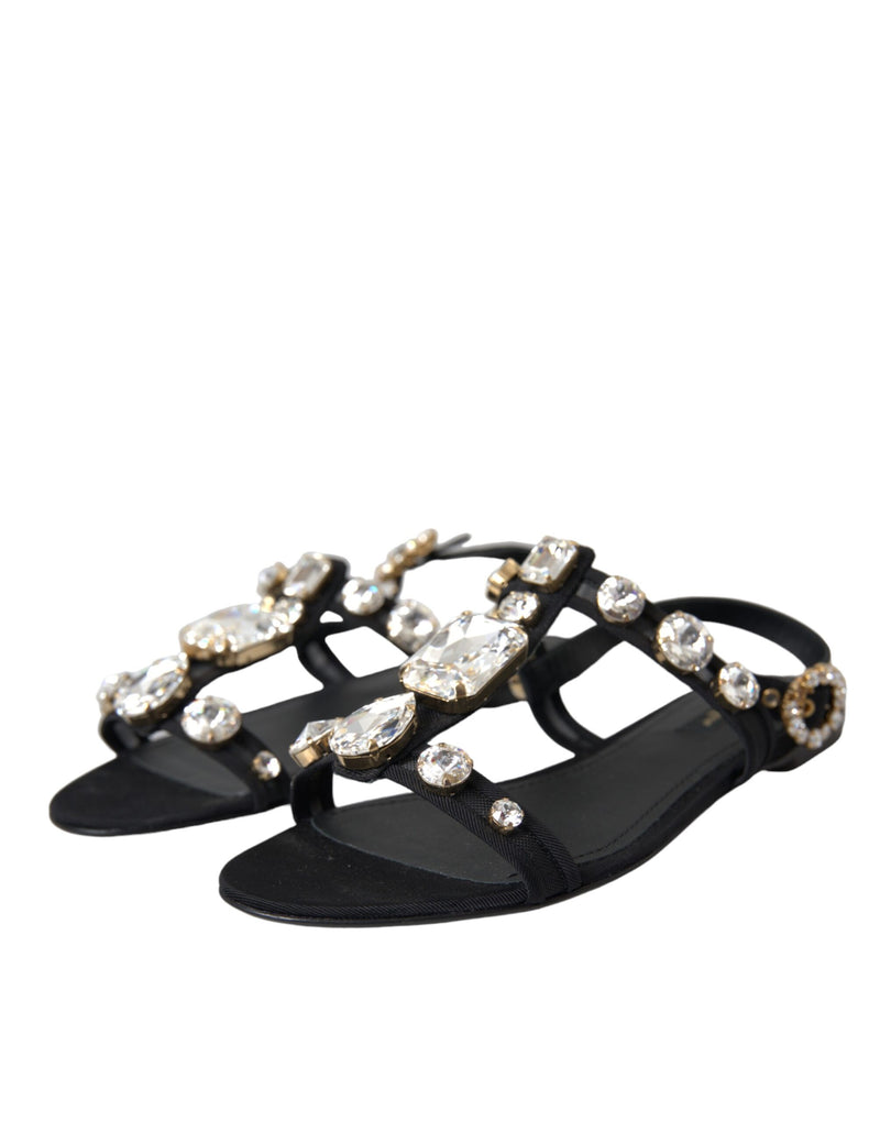 Black Leather Crystal Flats Sandals Shoes Dolce & Gabbana