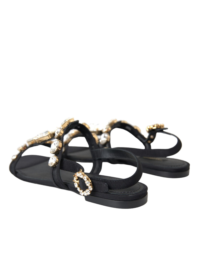 Black Leather Crystal Flats Sandals Shoes Dolce & Gabbana