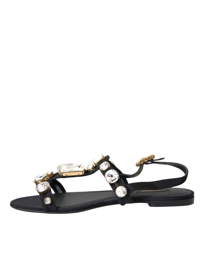 Black Leather Crystal Flats Sandals Shoes Dolce & Gabbana