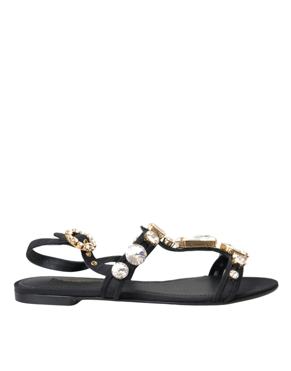 Black Leather Crystal Flats Sandals Shoes Dolce & Gabbana