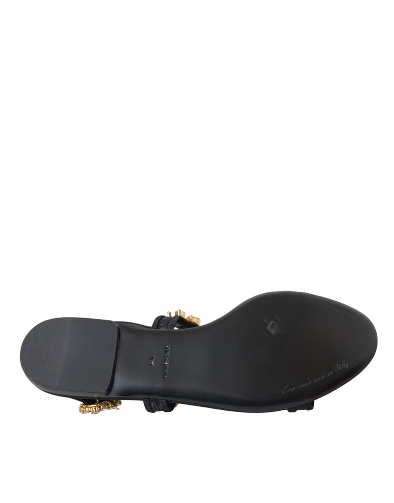 Black Leather Crystal Flats Sandals Shoes Dolce & Gabbana