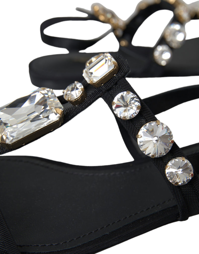 Black Leather Crystal Flats Sandals Shoes Dolce & Gabbana