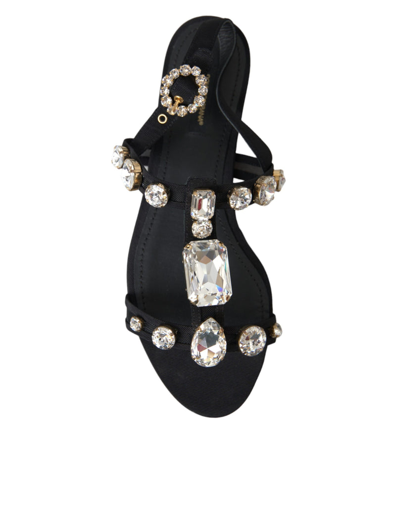 Black Leather Crystal Flats Sandals Shoes Dolce & Gabbana