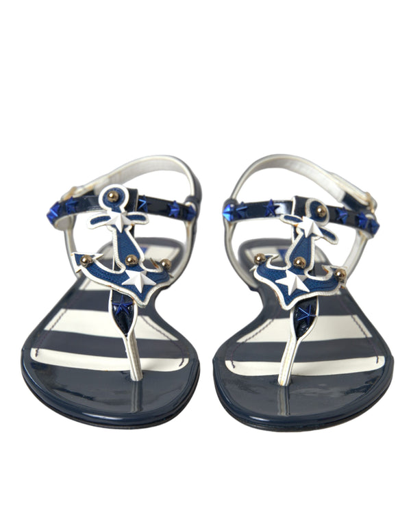 Blue Stripes Leather Studded Flats Sandals Shoes Dolce & Gabbana