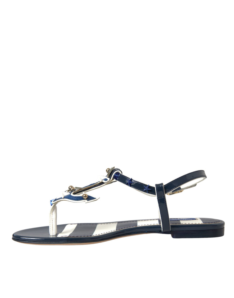 Blue Stripes Leather Studded Flats Sandals Shoes Dolce & Gabbana