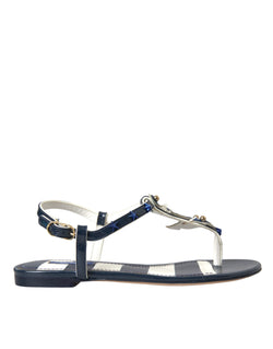 Blue Stripes Leather Studded Flats Sandals Shoes Dolce & Gabbana