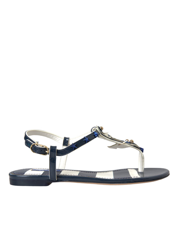 Blue Stripes Leather Studded Flats Sandals Shoes Dolce & Gabbana