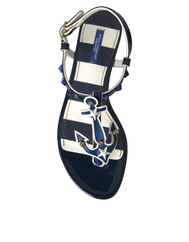 Blue Stripes Leather Studded Flats Sandals Shoes Dolce & Gabbana