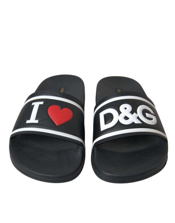 Black Leather I Love D&G Sandals Slides Shoes Dolce & Gabbana