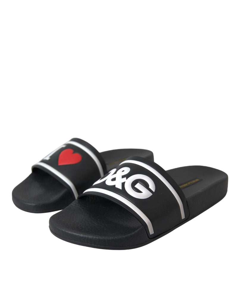 Black Leather I Love D&G Sandals Slides Shoes Dolce & Gabbana