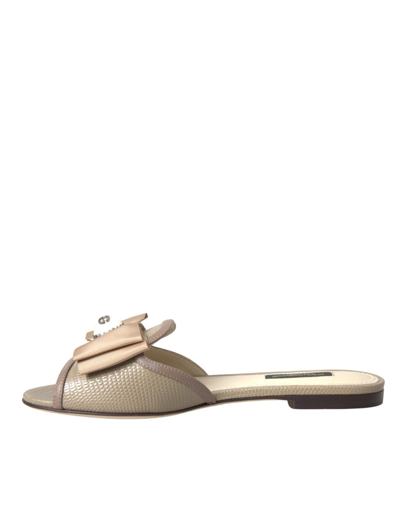 Beige Logo Pearl Flats Sandals Slides Shoes Dolce & Gabbana